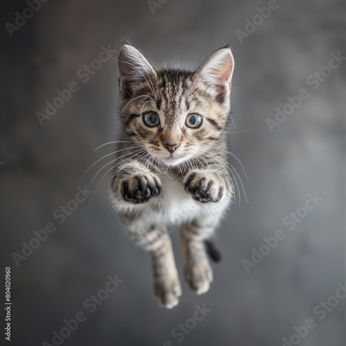funny cat flying. photo of a playful tabby cat jumping mid-air looking at camera. © filins