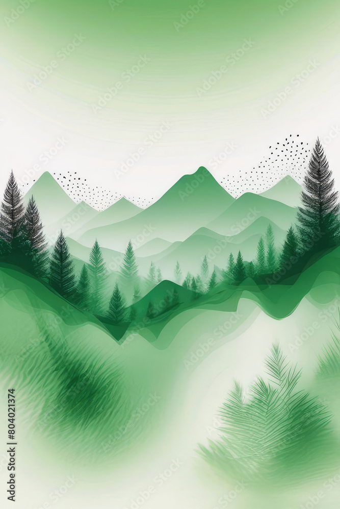 Watercolor composition of collage de green nature avec arbres et montagne.