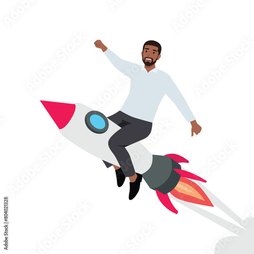 Young Businessman flying forward on a rocket. Boost your business, startup growth and progress. Flat vector illustration isolated on white background