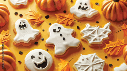 Board with tasty Halloween cookies on yellow background