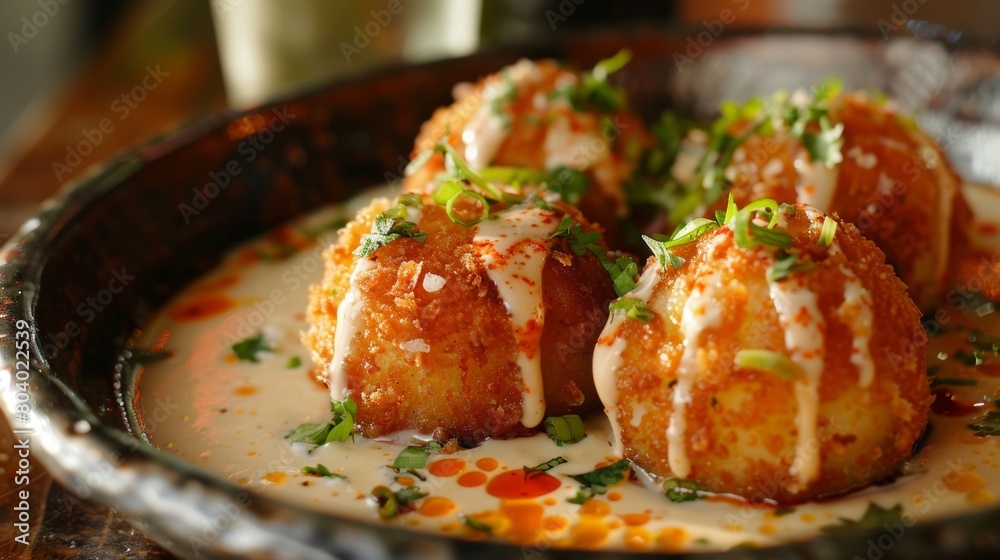 Potato croquettes - mashed potatoes balls breaded and deep fried, served with different sauce. Potato croquettes - mashed potatoes balls breaded and deep fried, served with different sauce.