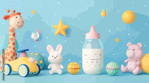Bottle of milk for baby and toys on color background