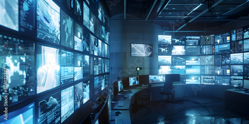 Modern Factory Security Control Room with Multipoke Computer Screens Showing Surveillance Camera Footage .