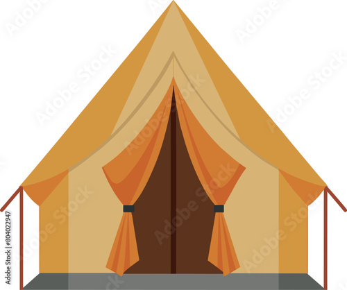 tent with orange curtains on the top and the back of the door in the middle.