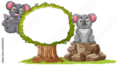 Cartoon koalas near a tree and pile of rocks.