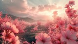 Enchanting Floral Fantasy: Tranquil Landscape with Lush Pink Flowers