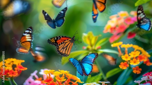Blooming Garden Tranquility with Colorful Butterflies.