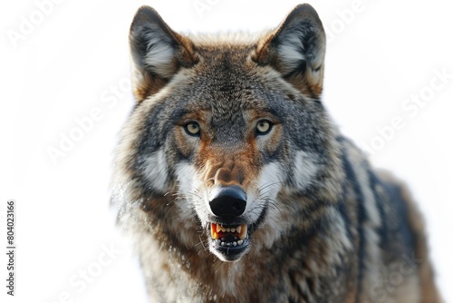 Frontal view of a wolf-like animal isolated against a white backdrop. Generative Ai