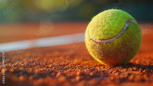 Close-up of a vibrant tennis ball on a clay court, detailed texture, enhanced with studio lighting, raw style focus © Paul