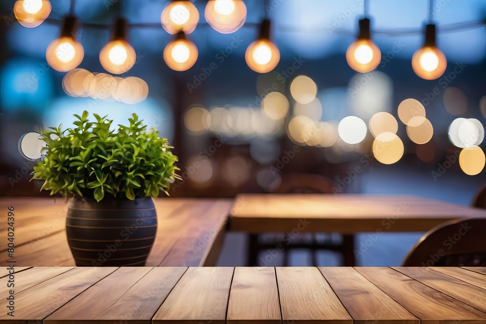 The interplay of light and shadow on an empty wooden table, accentuated by the dreamy bokeh lights in the distant restaurant scene.
