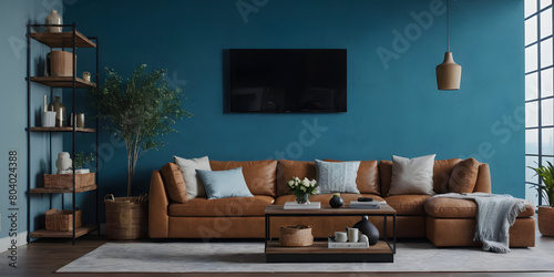 Modern interior of living room design and blue wall background