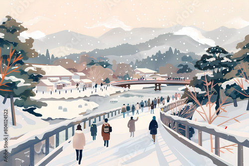 雪と橋を渡る人々の風景 photo