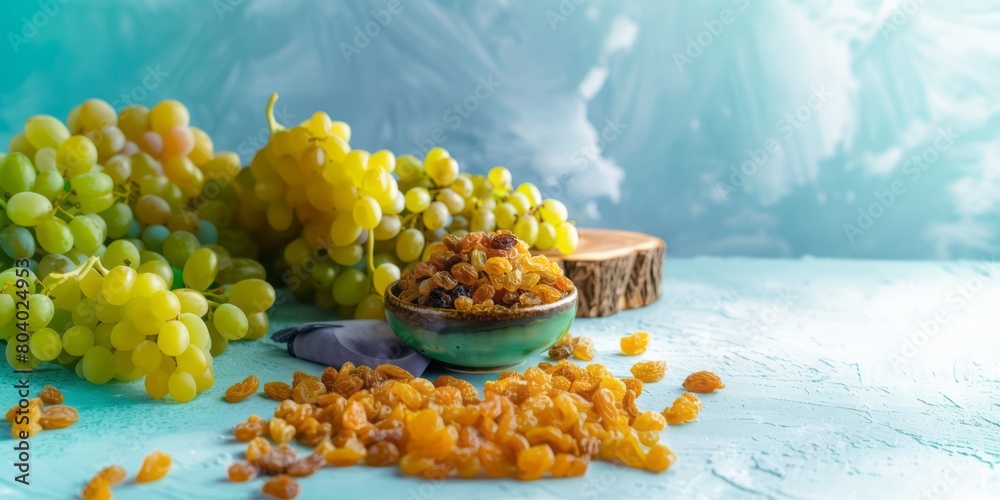 Dried yellow grapes in a bowl with fresh green organic grapes. Dried yellow grapes in a bowl with fresh green organic grapes.