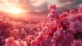 Whimsical Pink Petals: Tranquil Countryside with Ethereal Lighting