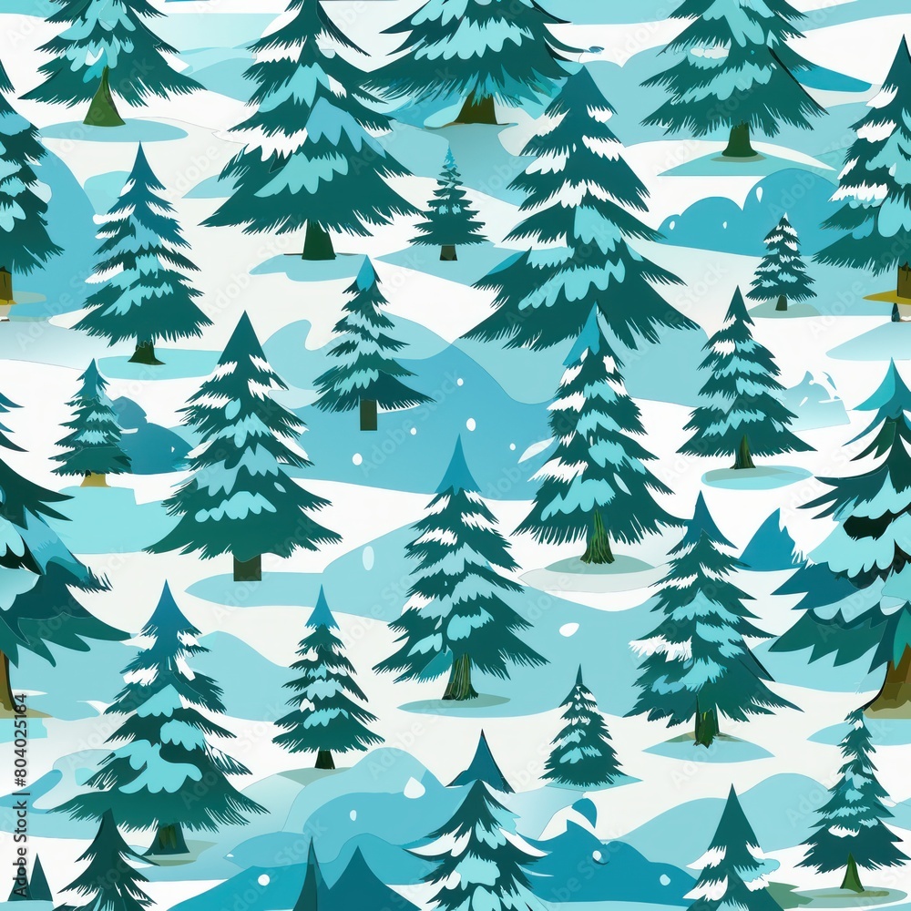 Seamless pattern of snow-covered evergreen trees in a winter wonderland, Generative AI