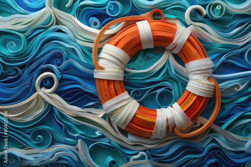 A life preserver on a blue and white background. Perfect for safety and water-themed designs photo