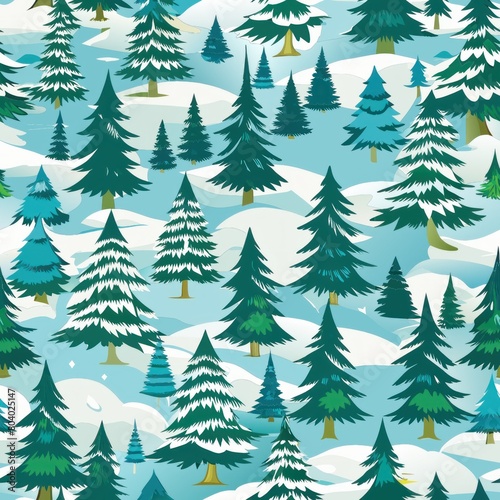 Seamless pattern of snow-covered evergreen trees in a winter wonderland, Generative AI