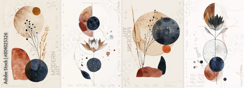 Set of abstract vector illustrations with flowers, twigs, dots and circles in navy blue, brown colors on a beige background. Modern art poster collection for poster artwork design templates.