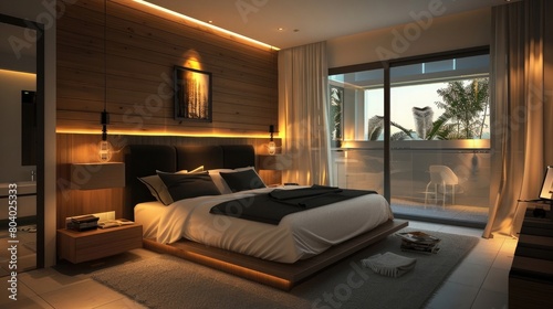 A contemporary bedroom with elegant lighting and minimalist design