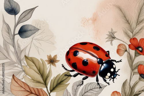 Summer or spring cutest card or poster with hand drawn ladybug on a wildflowers. © elena_hramowa