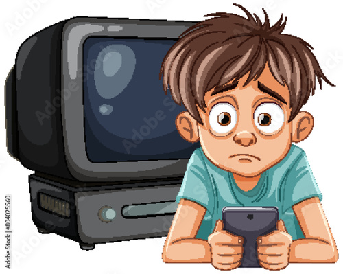 Young boy looking worried while holding a smartphone