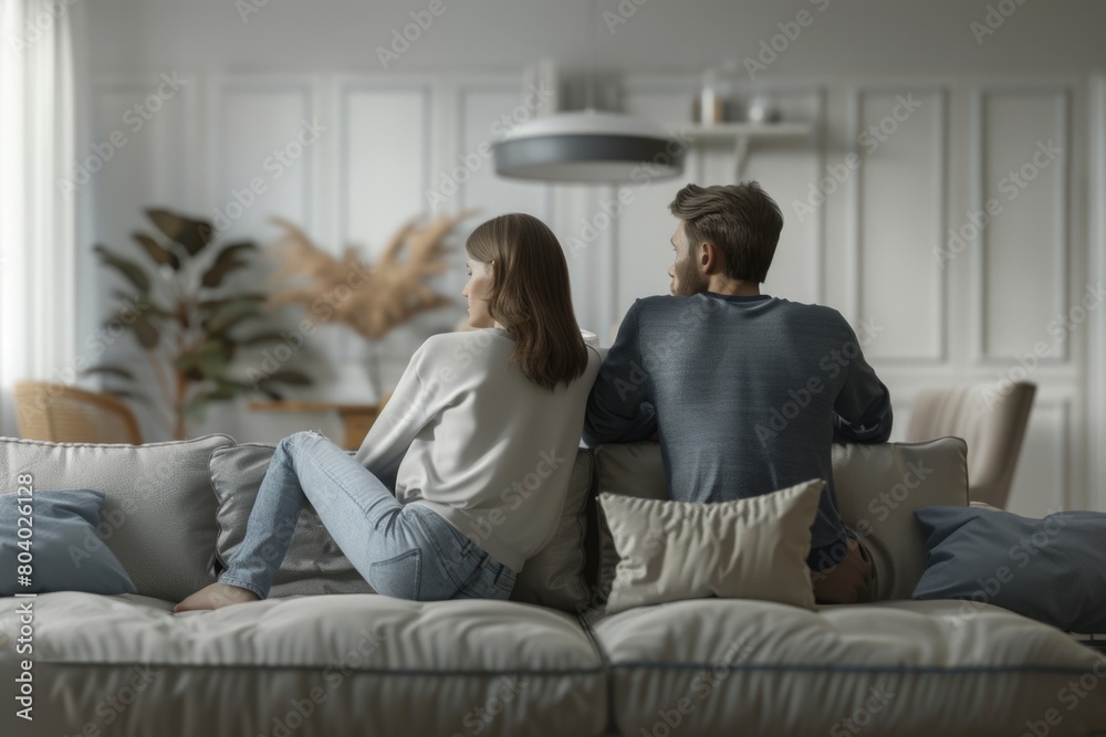 A man and a woman sitting together on a couch. Suitable for lifestyle and relationship concepts A man and a woman sitting together on a couch. Suitable for lifestyle and relationship concepts