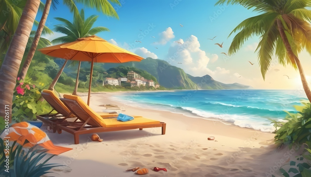 Fototapeta premium Summer beach background. Sandy seashore, sea coast with palm tree and vocation seaside travel vector cartoon backdrop illustration