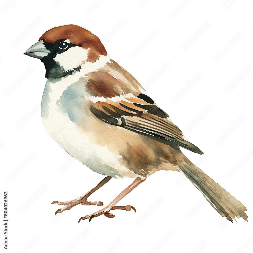Fototapeta premium AI-Generated Watercolor Sparrow Clip Art Illustration. Isolated elements on a white background.