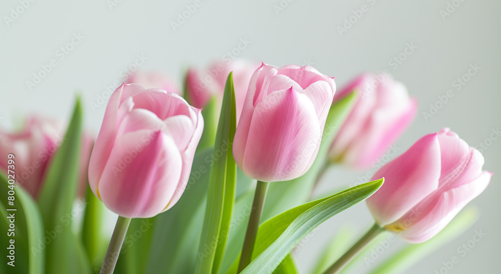 Pink tulips with soft focus on gray background. Studio close-up for greeting cards and Mother's Day event. Banner with copy space. Pink tulips with soft focus on gray background. Studio close-up for greeting cards and Mother's Day event. Banner with copy space.