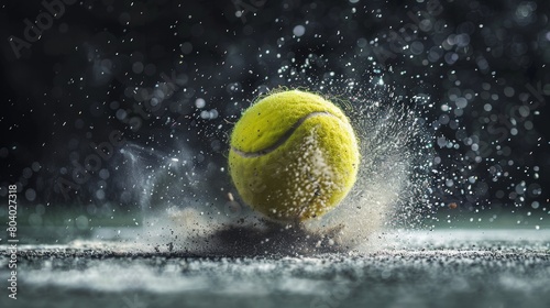 Close-up of a tennis ball just as it hits the ground, capturing the impact moment, detailed debris and dust, isolated by studio lighting © Paul