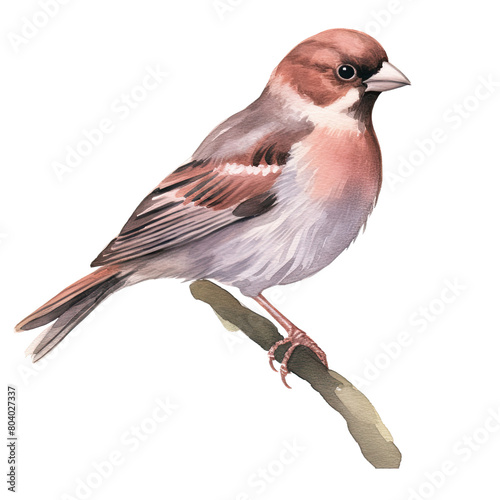 AI-Generated Watercolor Sparrow on a branch Clip Art Illustration. Isolated elements on a white background. © beyouenked