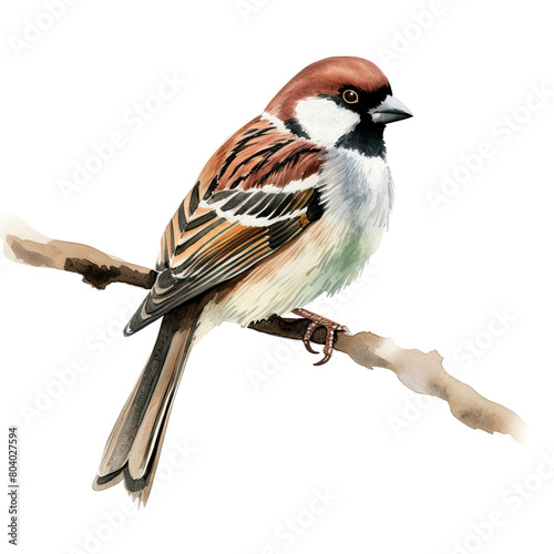 AI-Generated Watercolor Sparrow on a branch Clip Art Illustration. Isolated elements on a white background.