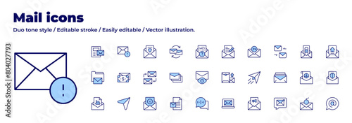 Mail icons collection. Duo tone style. Editable stroke  audio message  email  email marketing  folder  letter  mail  correspondence  notification  salary  send.