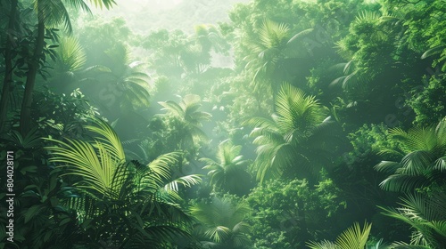 Tropical dense forest and environmental technology. Wide angle visual for banners or advertisements. Generative AI