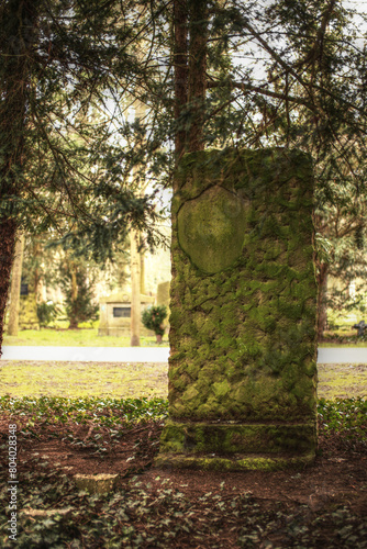 A huge mossy gravestone on a cemetery in Germany