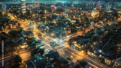 A bustling digital society intersection  with smart homes  advanced street technology  and a glowing route network under twilight skies