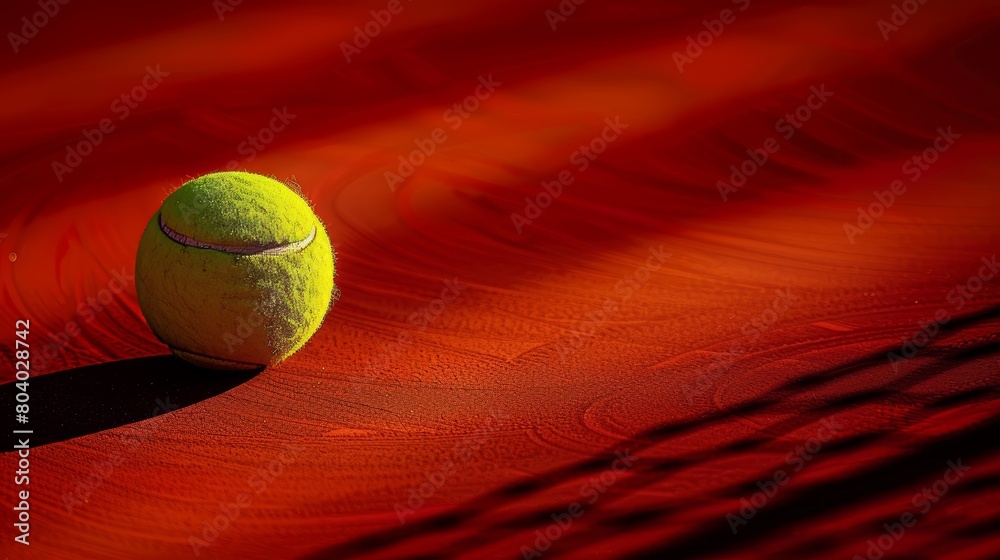 Artistic shot of a tennis ball on a clay court, high contrast and sharp shadows under studio lights, emphasizing raw textures