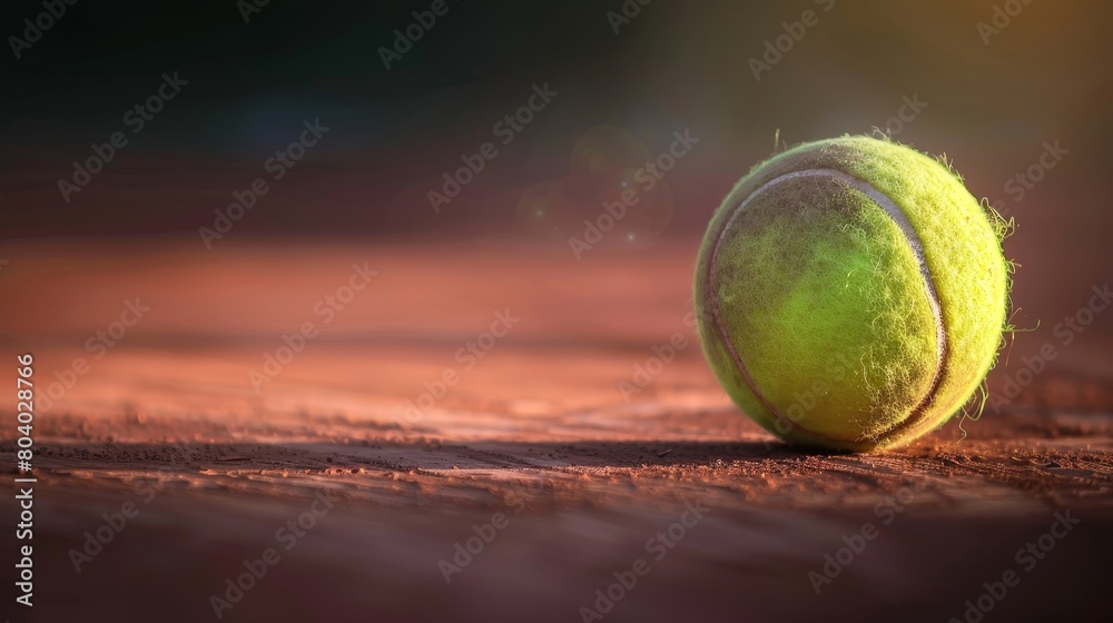 Artistic shot of a tennis ball on a clay court, high contrast and sharp shadows under studio lights, emphasizing raw textures