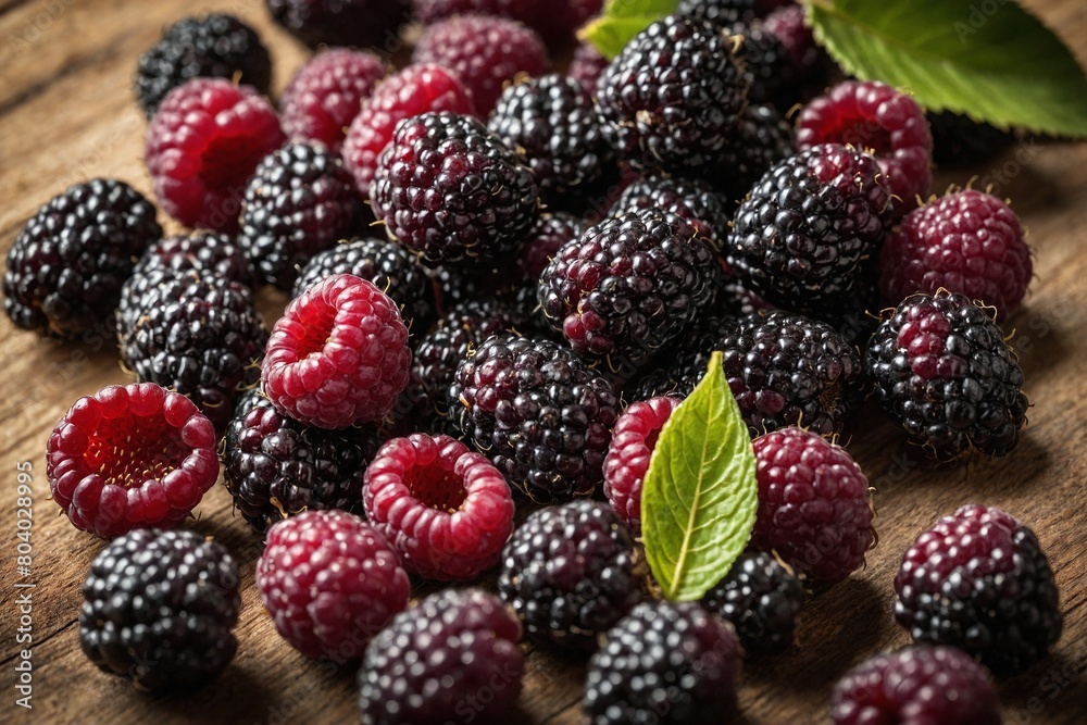 Whole and halved mulberries arranged on a rustic wooden table