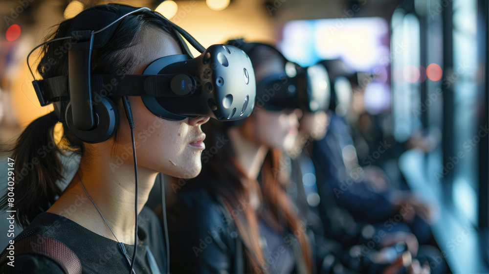 Group wearing VR headsets for immersive audiovisual experience at an event Group wearing VR headsets for immersive audiovisual experience at an event