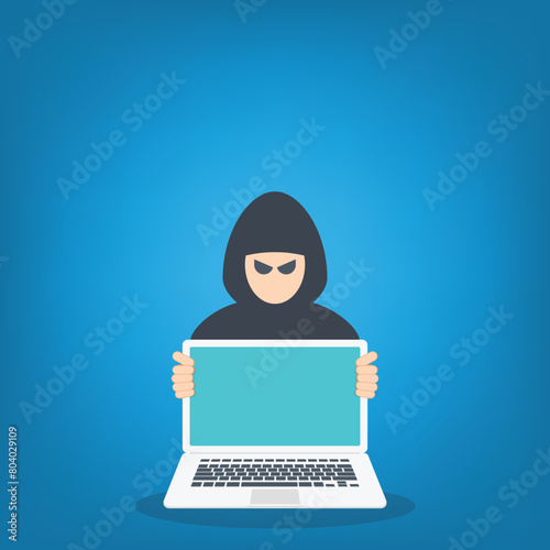 Hacker with laptop computer stealing confidential data 