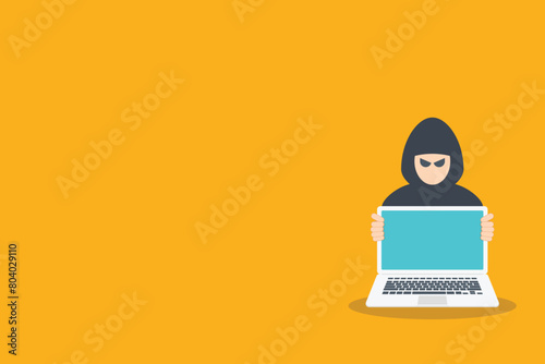 Hacker with laptop computer stealing confidential data	