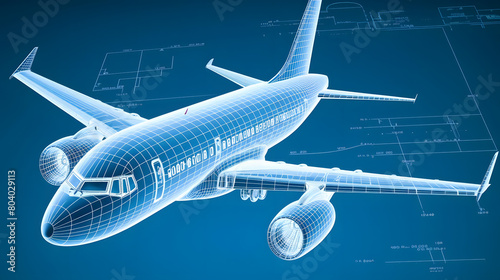 tetrahedral aerospace technology blueprint on blue background minimal aviation infrastructure photo
