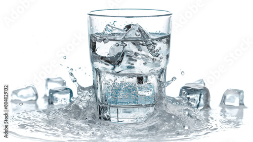 Water with ice cubes in a glass is refreshing, quenches thirst, and is good for health with a splash background 