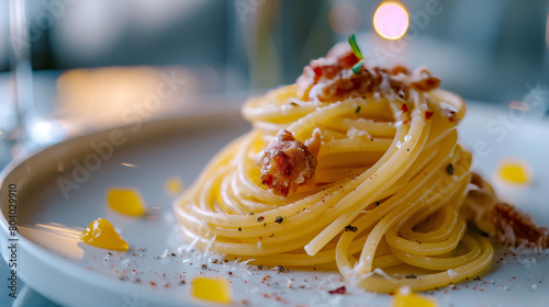 This image appetizingly presents spaghetti carbonara, perfectly twirled on a fork with garnishments photo