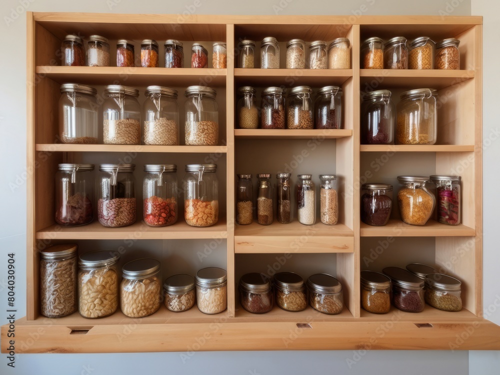 Discover the simplicity of a pantry system featuring glass jars on rustic wooden shelves, combining functionality and eco-awareness for a harmonious storage space.