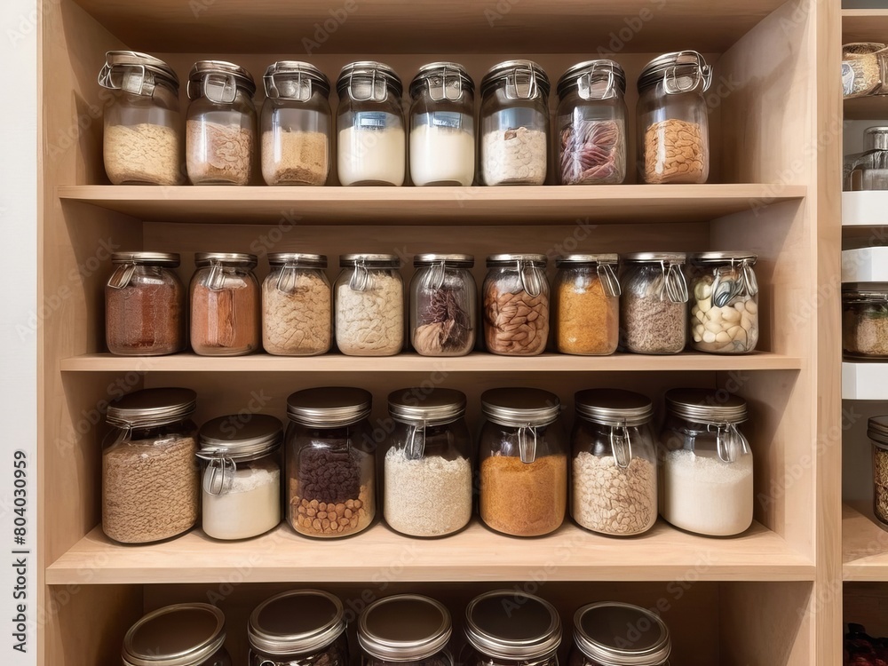 Efficient sustainable pantry organization with glass jars on rustic wooden shelves Efficient sustainable pantry organization with glass jars on rustic wooden shelves