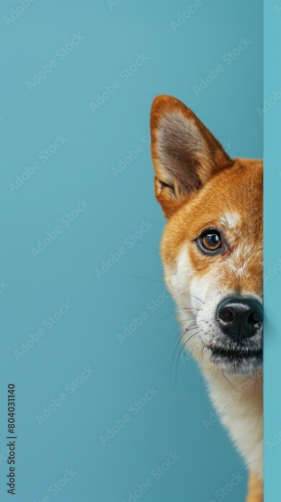 Closeup shiba inu dog peeking out from behind pastel blue background