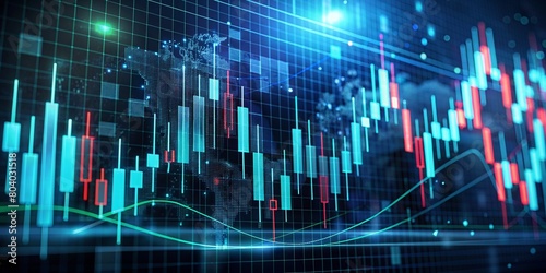 Financial market chart used as background showcasing dynamic price movements, trends. Perfect for design projects related to finance, investment, economics, trading strategies, business presentation photo