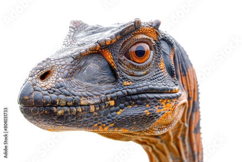 Isolated close-up of a Plesiosaurus dinosaur's face against a white backdrop. Generative Ai © Mimix